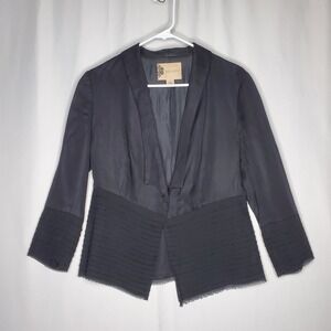 Anthropologie Fleur Wood Blazer Women Small Astra Black Layer Fringe One Button